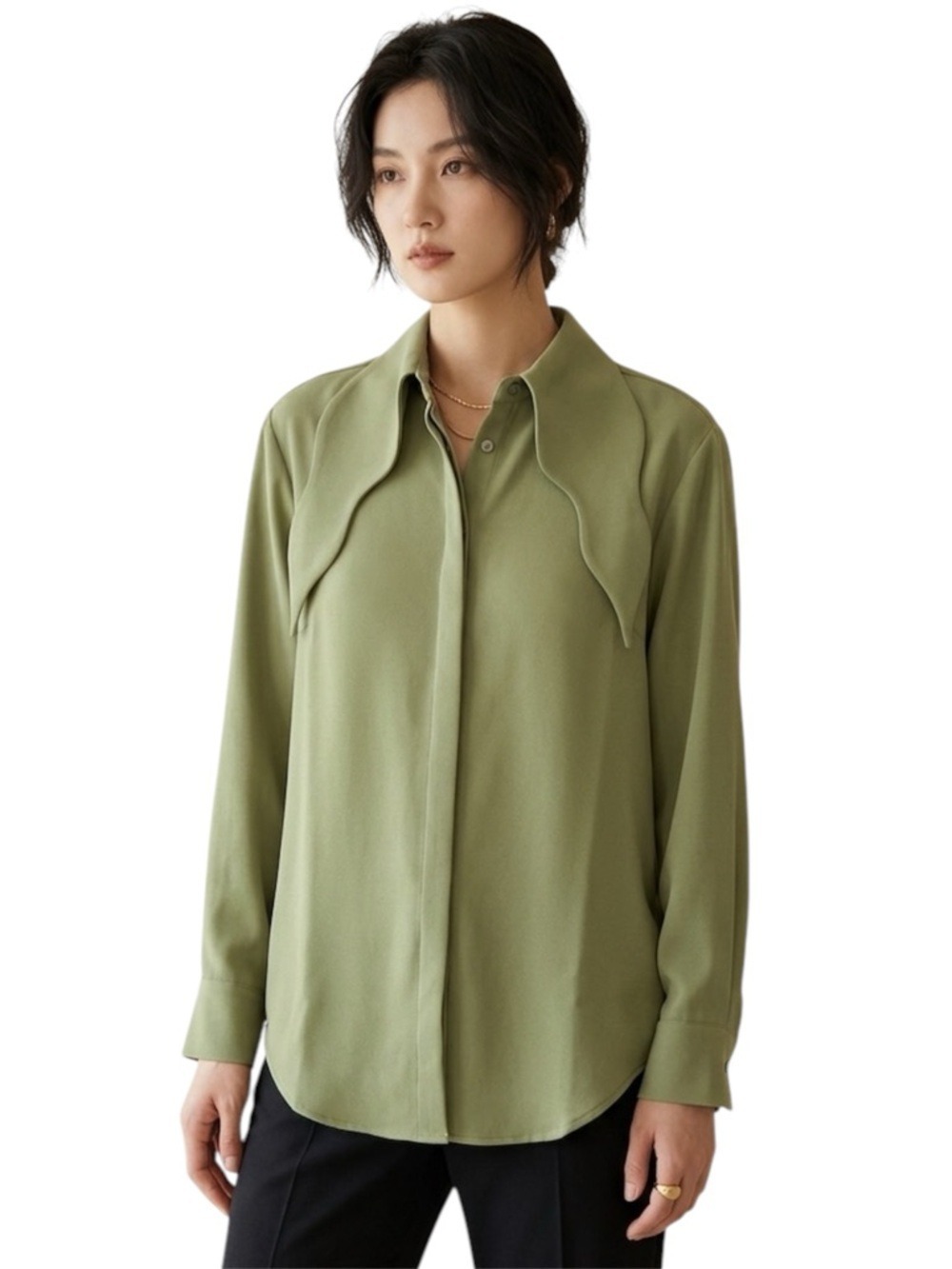 KIMHEKIM Scalloped Collar Button Down Shirt Size EU 32 Sage Green